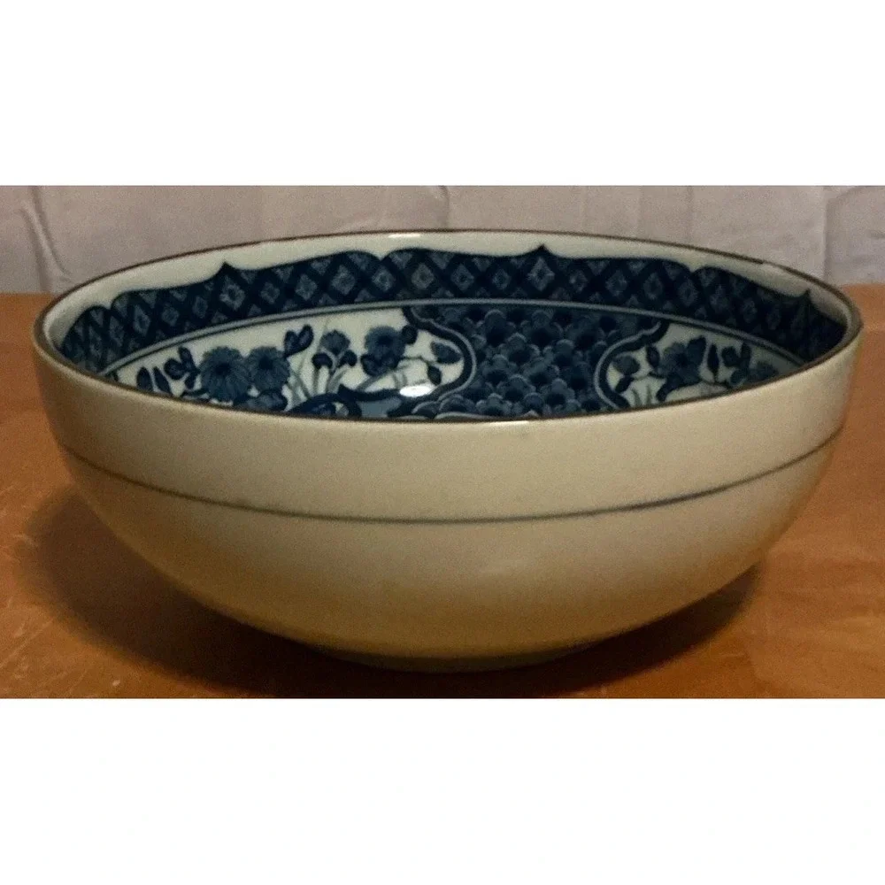 Vintage Blue and White Serving Bowl Made in Japan Peacock w/Cherry Blossoms 8.5